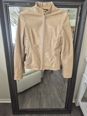 Elie Tahari Beige-Tan Leather Zip Front Jacket